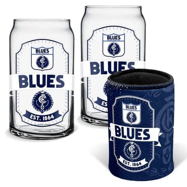 CARLTON BLUES CAN GLASSES & CAN COOLER